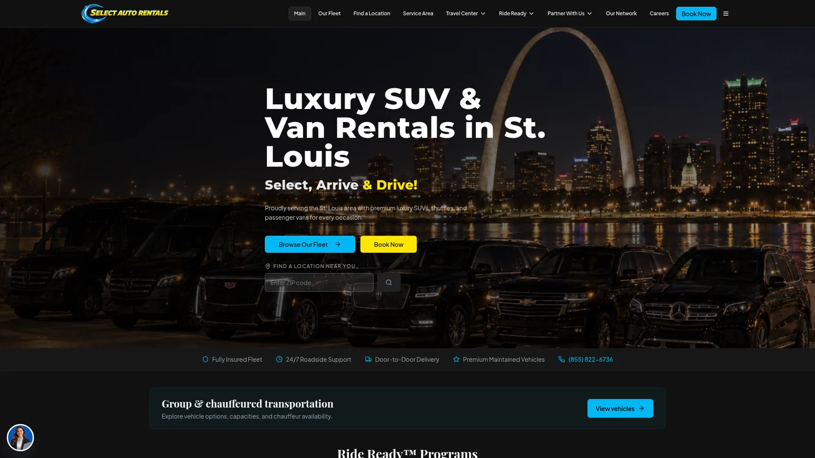 Select Auto Rentals website showing its vehicle fleet and the St. Louis skyline